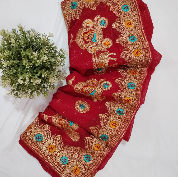 Pinkish Red Shimmer Saree