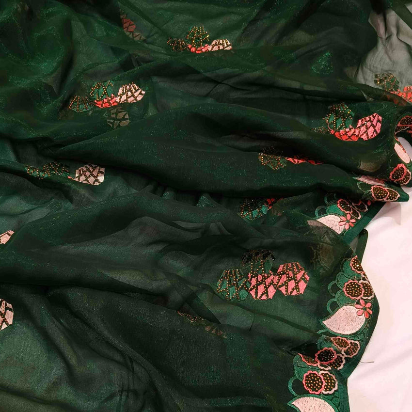Dark Green Shimmer Embroidery Saree