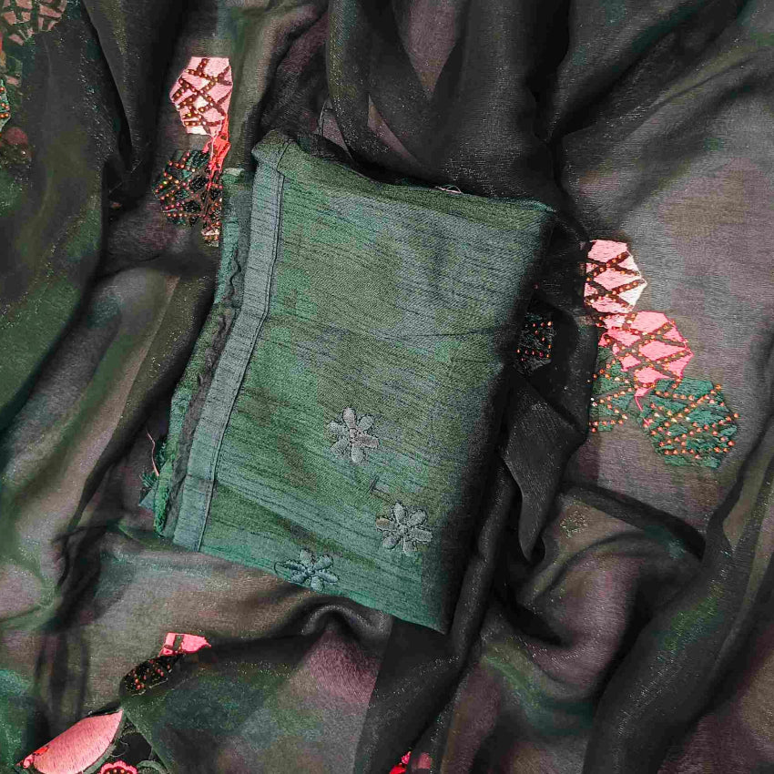 Dark Green Shimmer Embroidery Saree