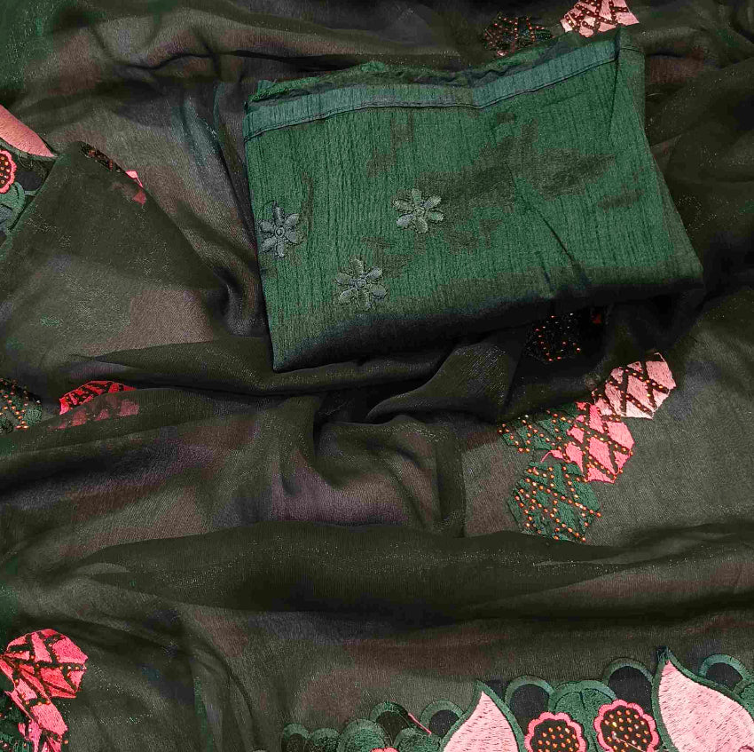 Dark Green Shimmer Embroidery Saree