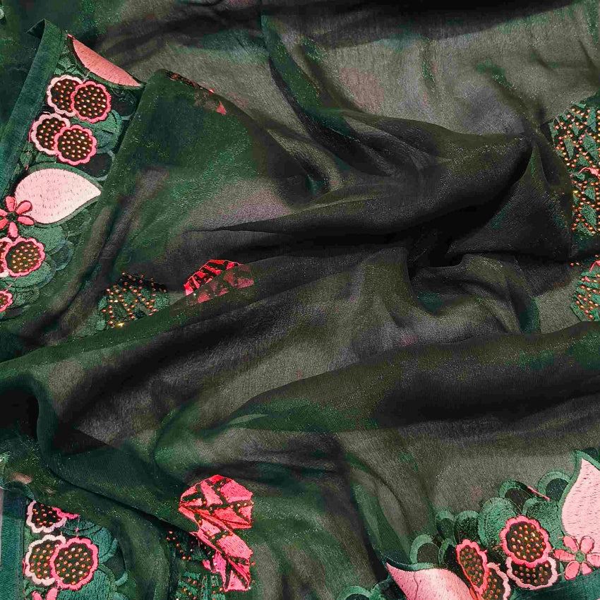 Dark Green Shimmer Embroidery Saree
