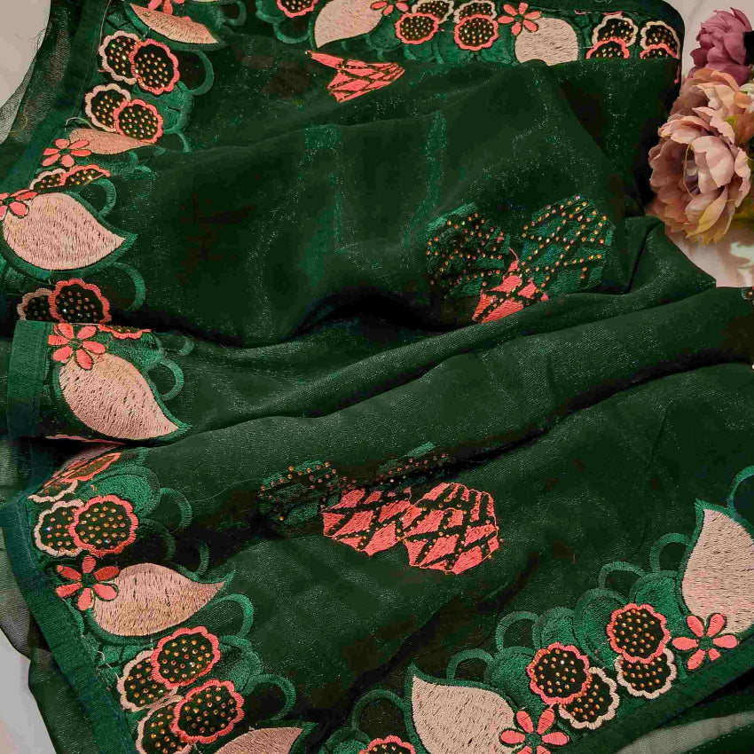 Dark Green Shimmer Embroidery Saree