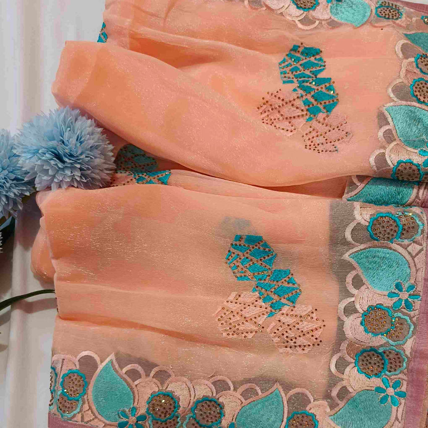 Shimmer Peach Embroidery Saree