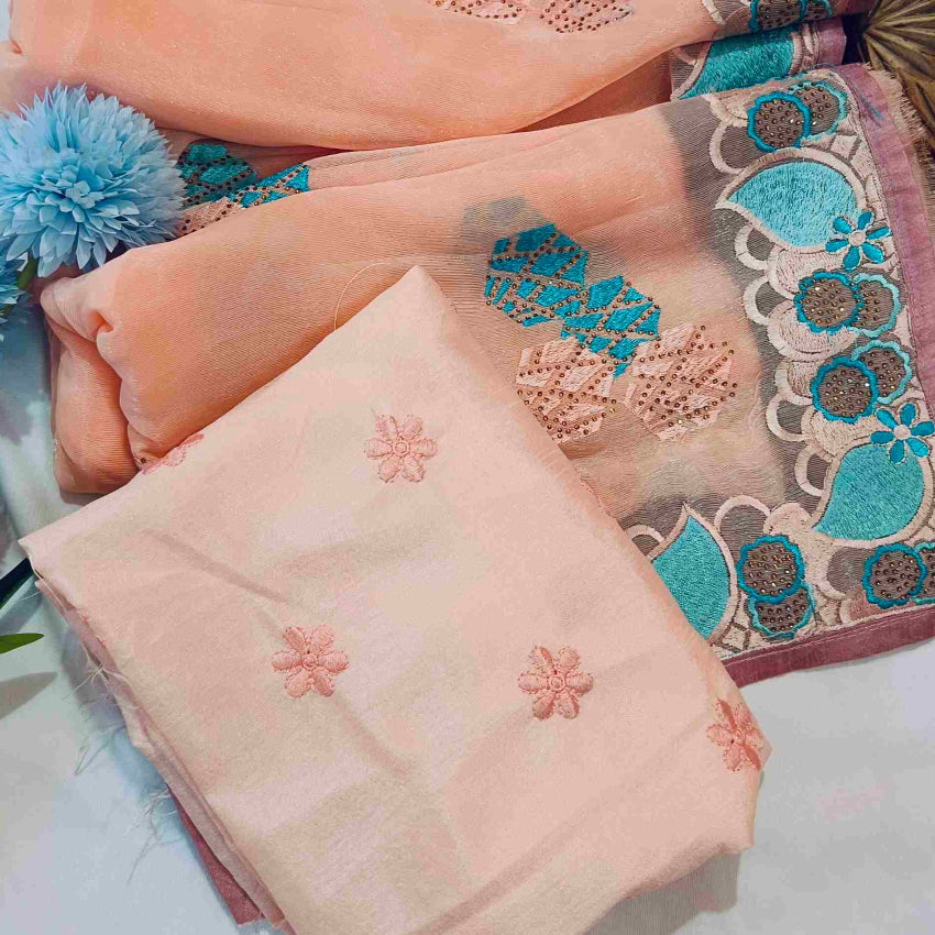 Shimmer Peach Embroidery Saree