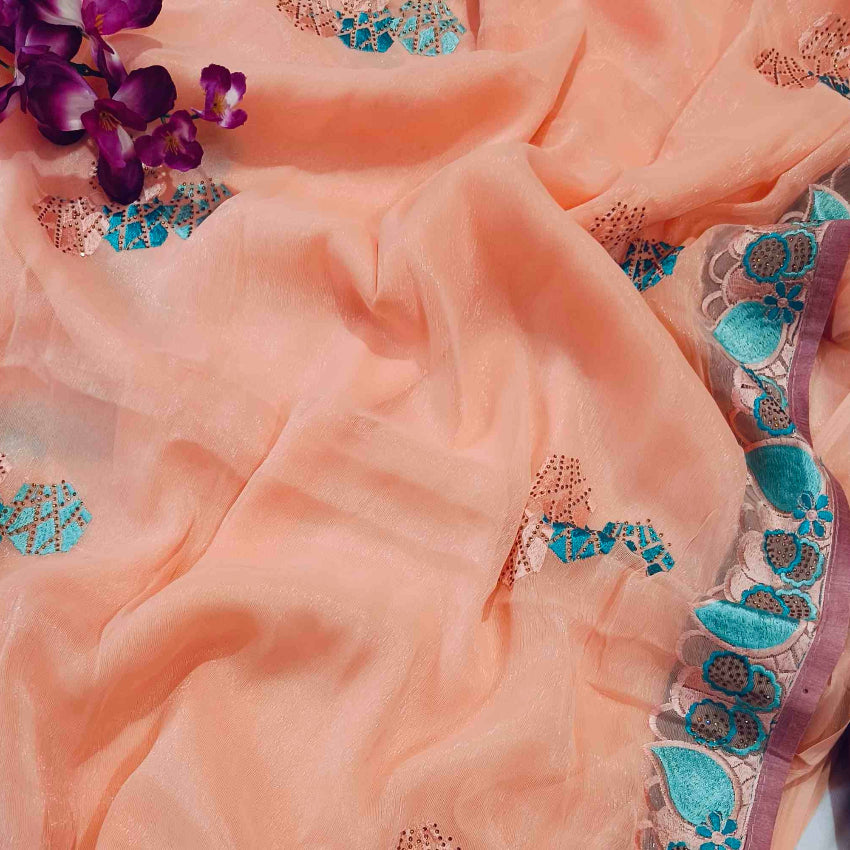 Shimmer Peach Embroidery Saree