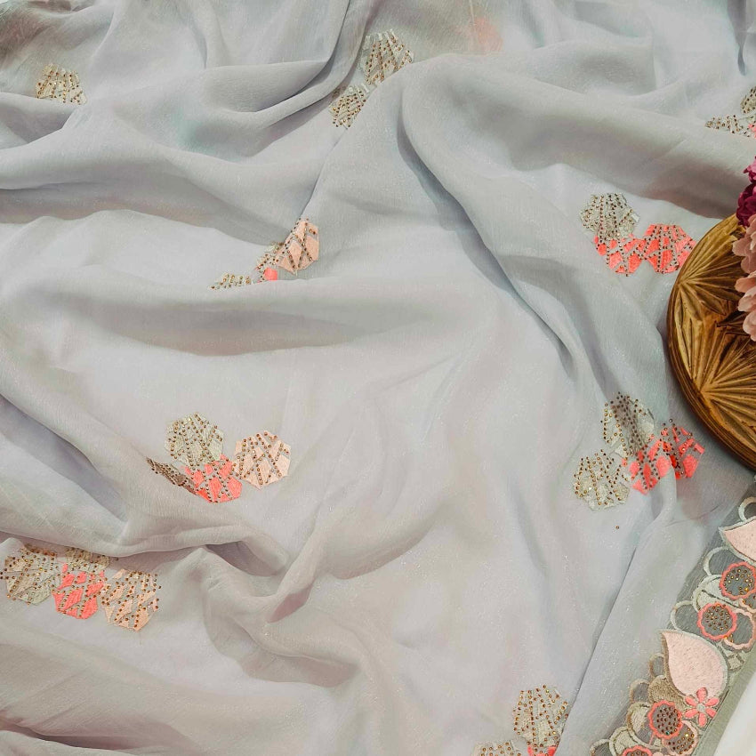 Shimmer Grey Embroidery Saree