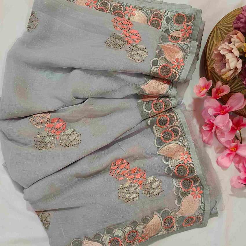 Shimmer Grey Embroidery Saree