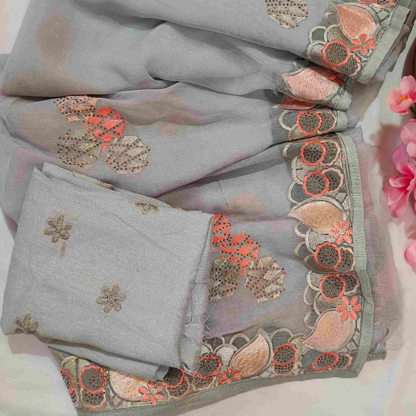 Shimmer Grey Embroidery Saree