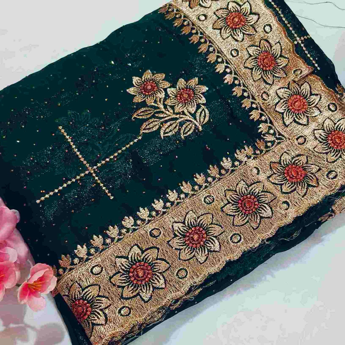 Green Shimmer Embroidered Saree