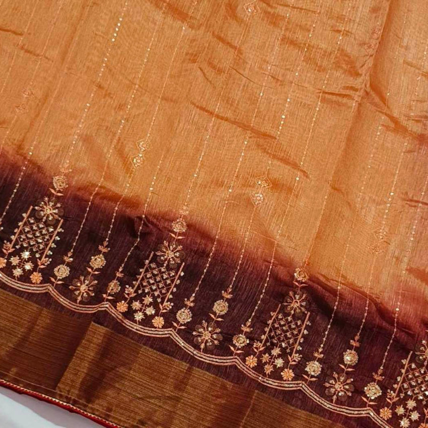 Brown Peach Embroidered Art Silk Saree