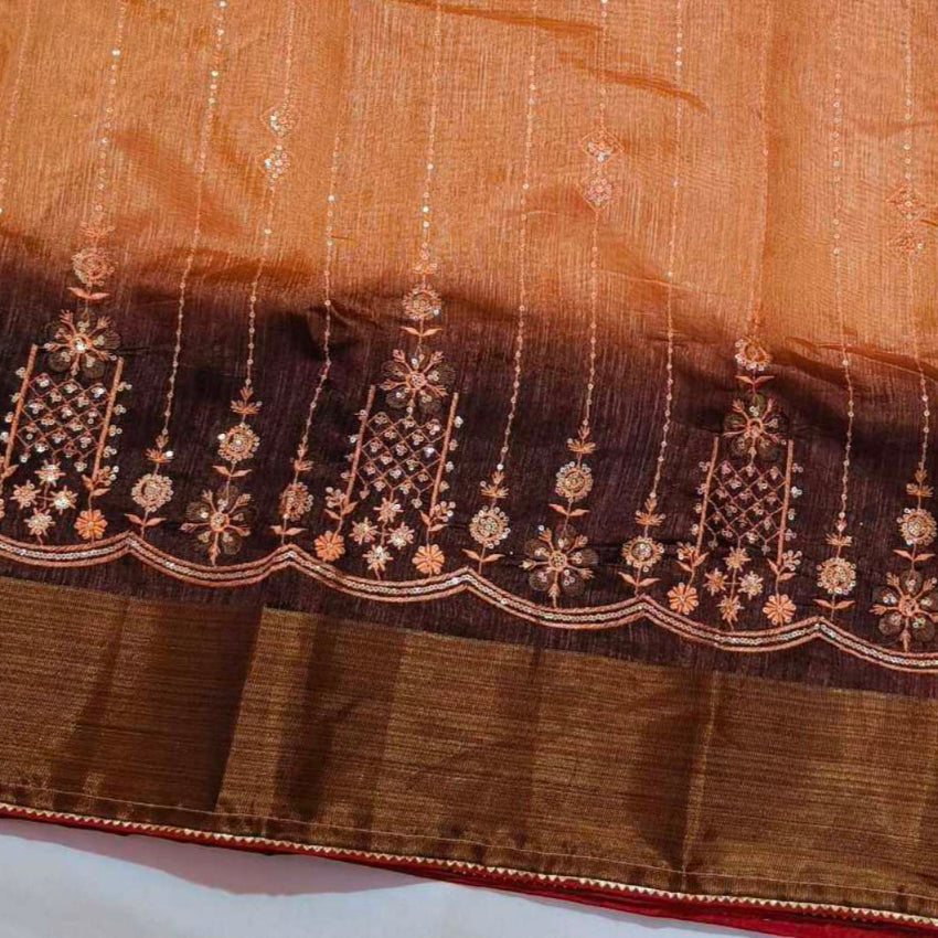 Brown Peach Embroidered Art Silk Saree