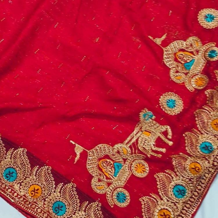 Red Chiffon Shimmer Embroidery Saree