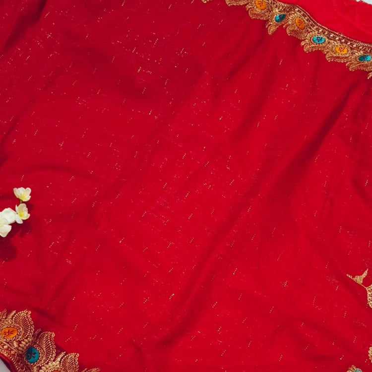 Red Chiffon Shimmer Embroidery Saree