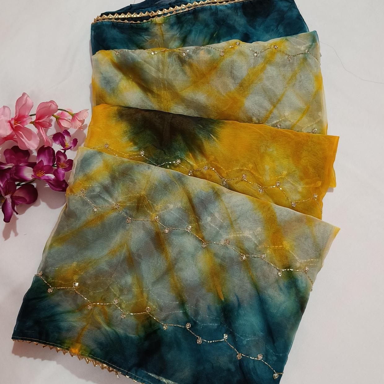 Yellow Blue Organza Saree