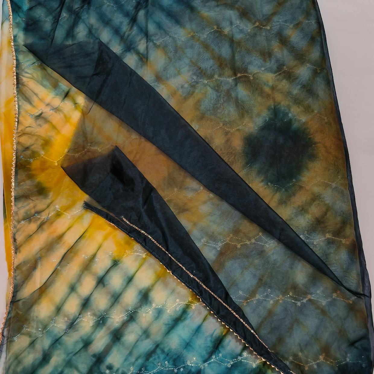 Yellow Blue Organza Saree
