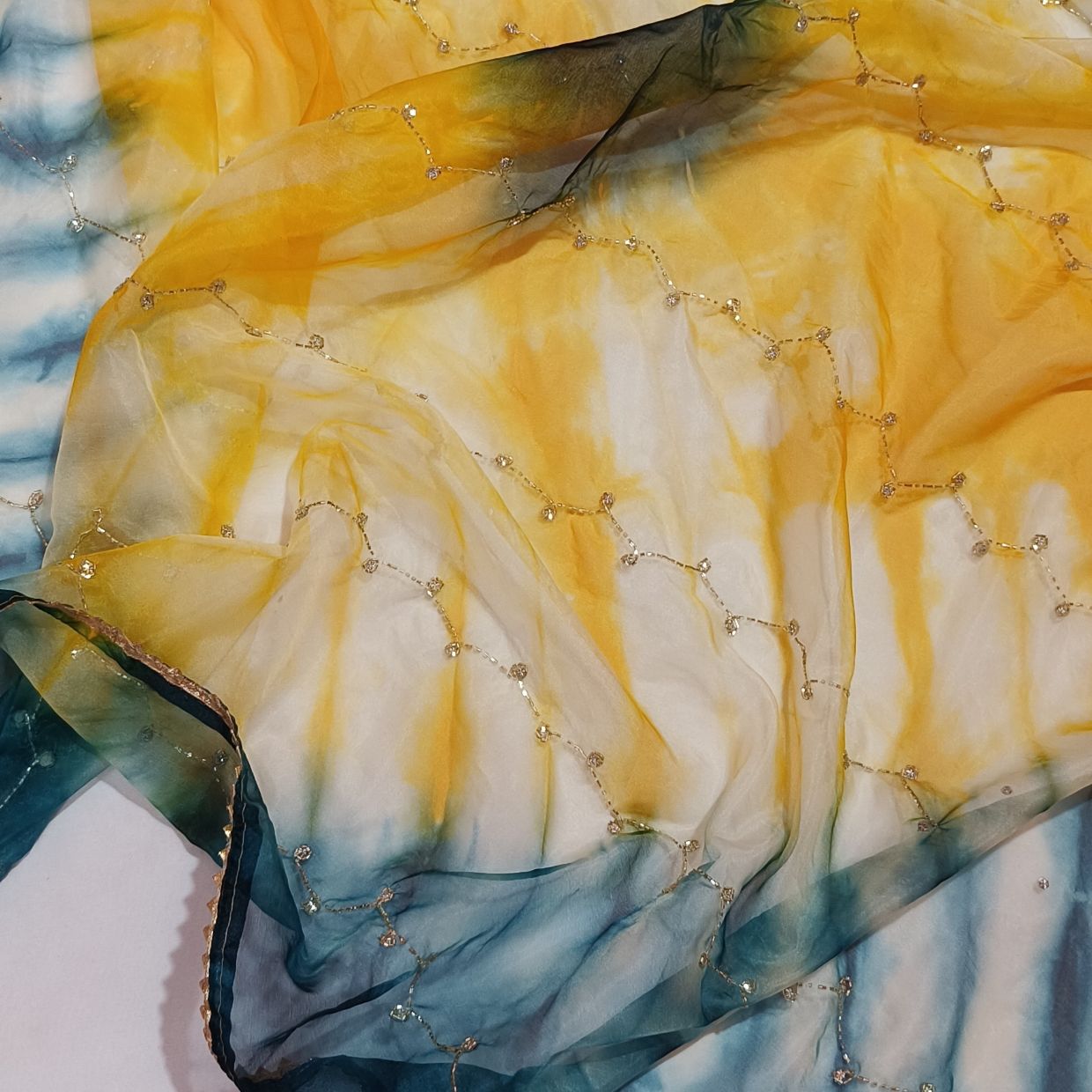 Yellow Blue Organza Saree