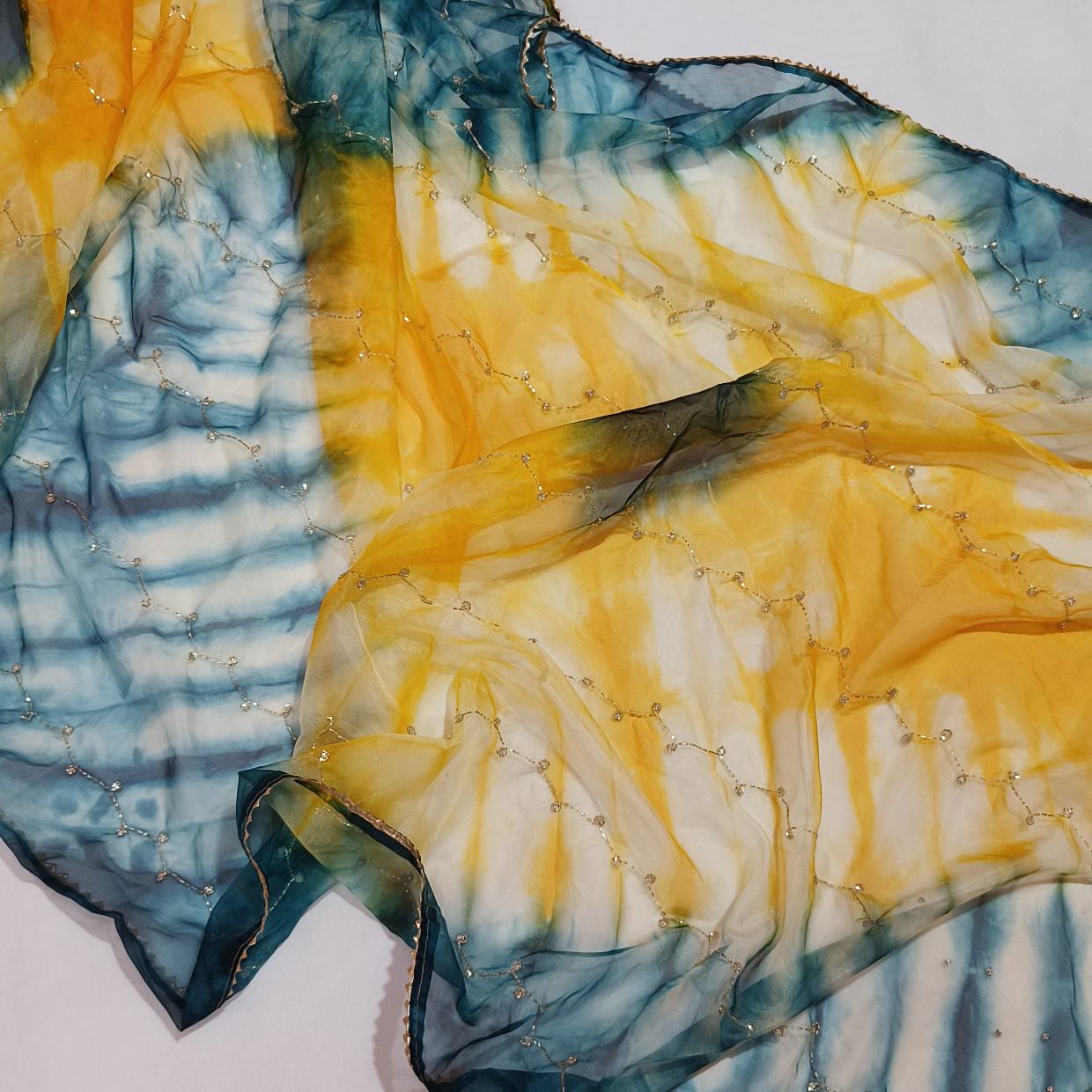 Yellow Blue Organza Saree