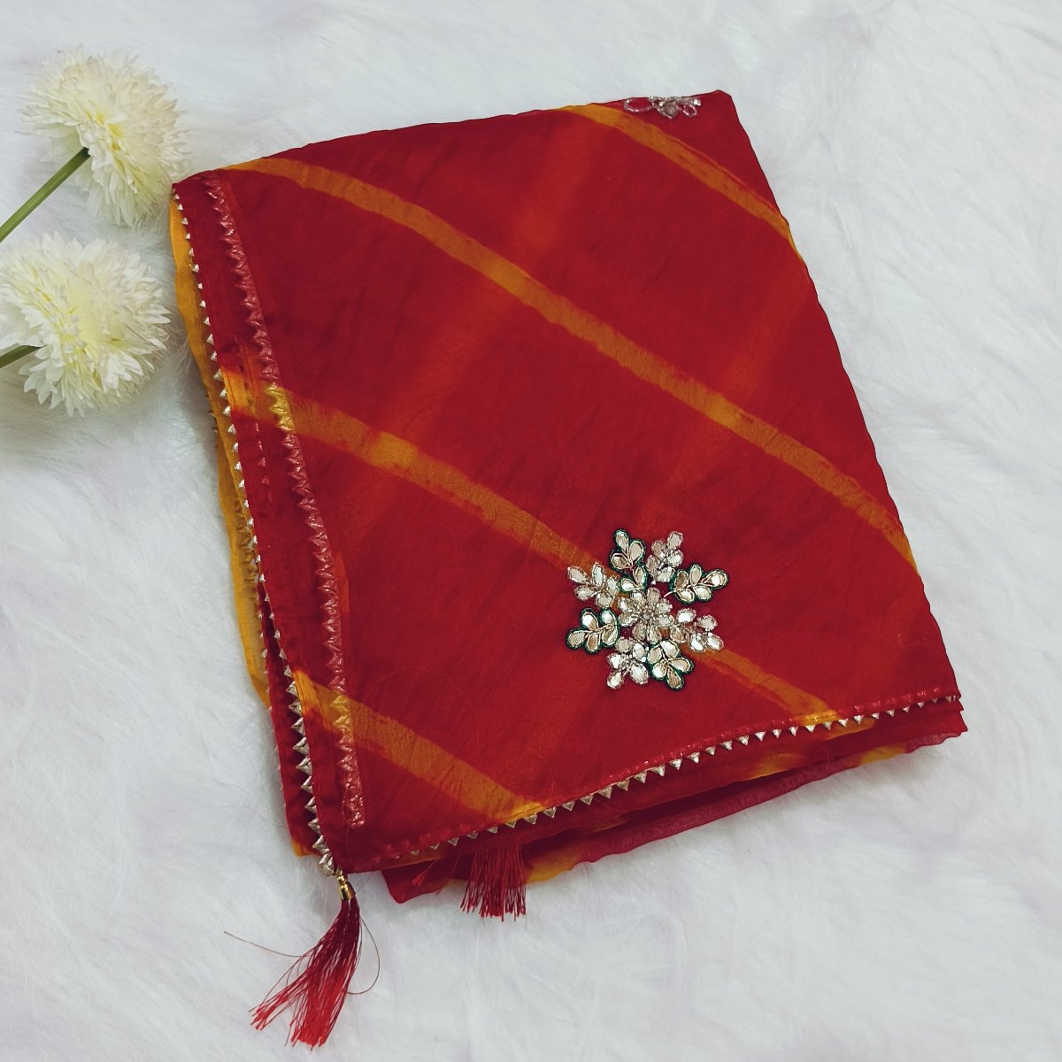 Red Lehariya Organza Saree