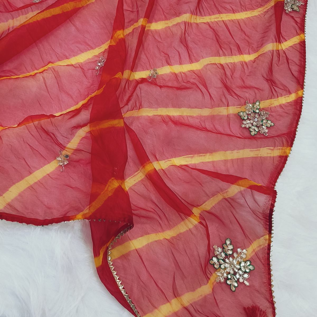 Red Lehariya Organza Saree