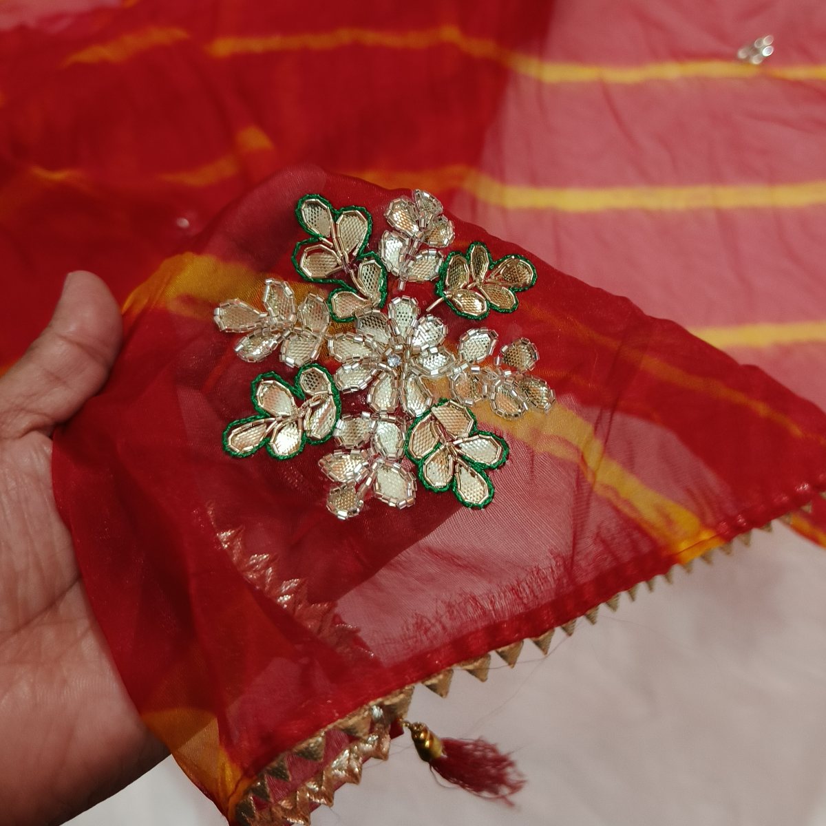 Red Lehariya Organza Saree