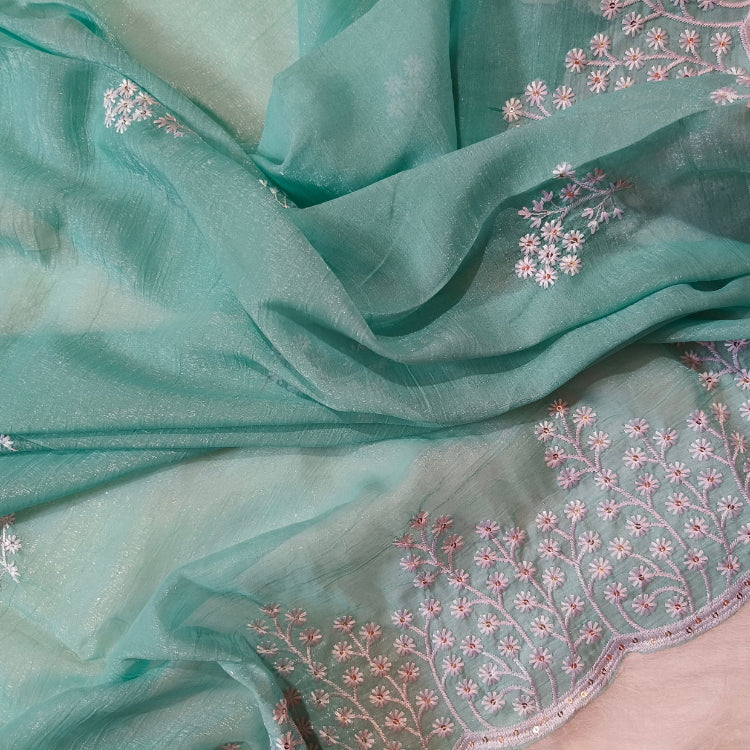 Shimmer Sea Green Embroidered Saree