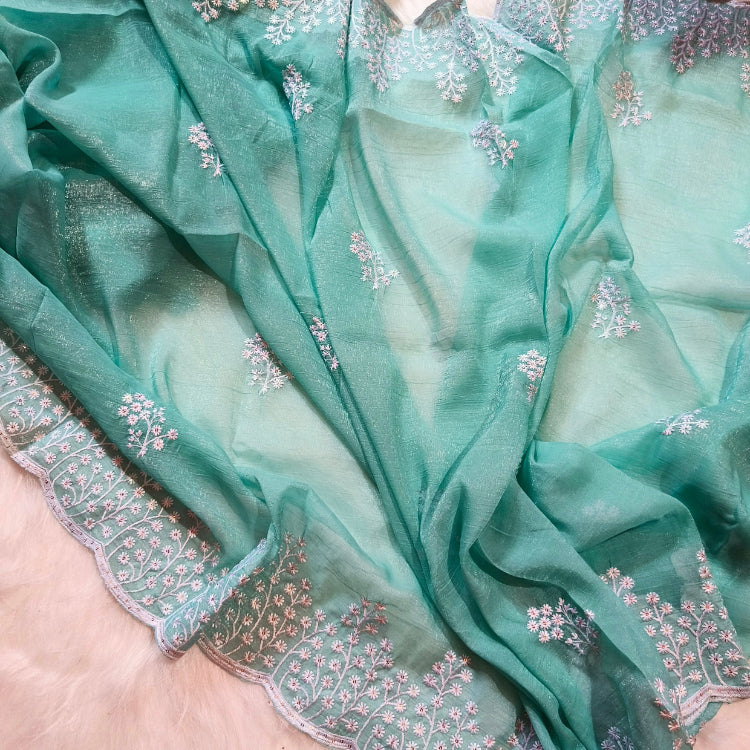 Shimmer Sea Green Embroidered Saree