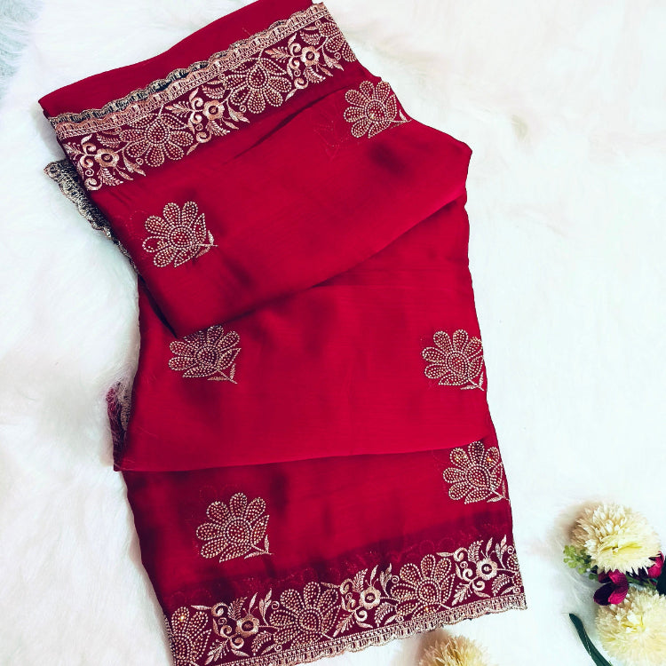Chiffon Pinkish Red Saree