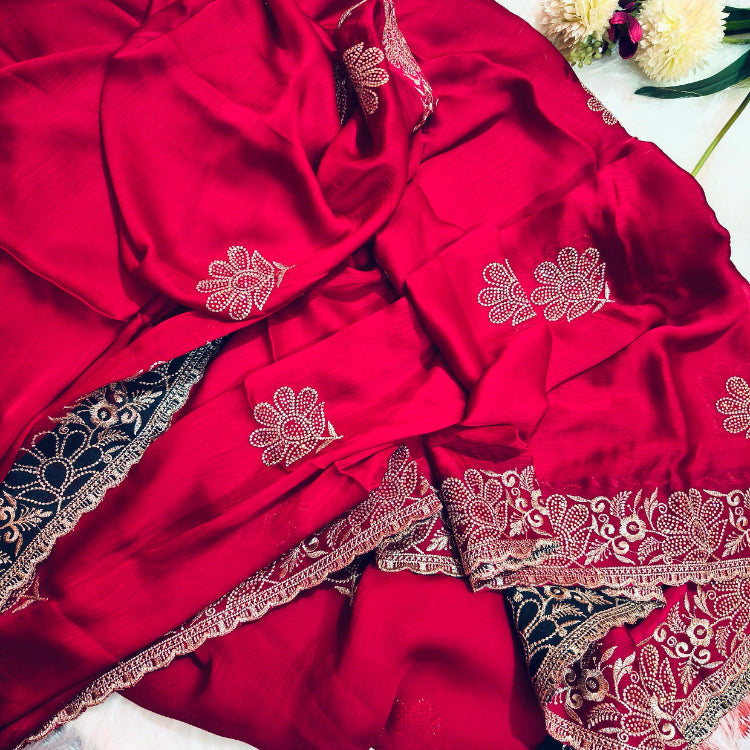 Chiffon Pinkish Red Saree