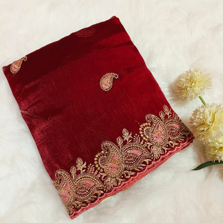 Shimmer Maroon Embroidery Saree