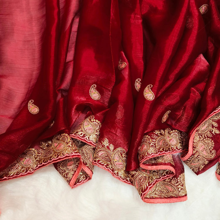 Shimmer Maroon Embroidery Saree