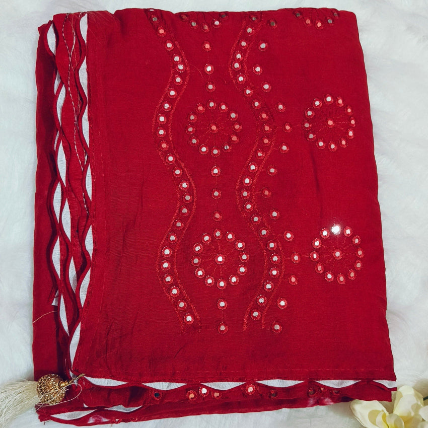 Red Art Silk Mirror Saree
