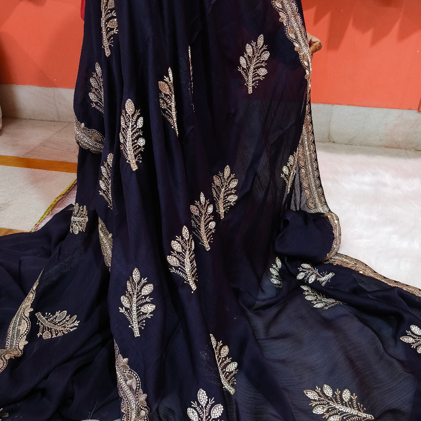 Purple Chiffon Embroidery Saree