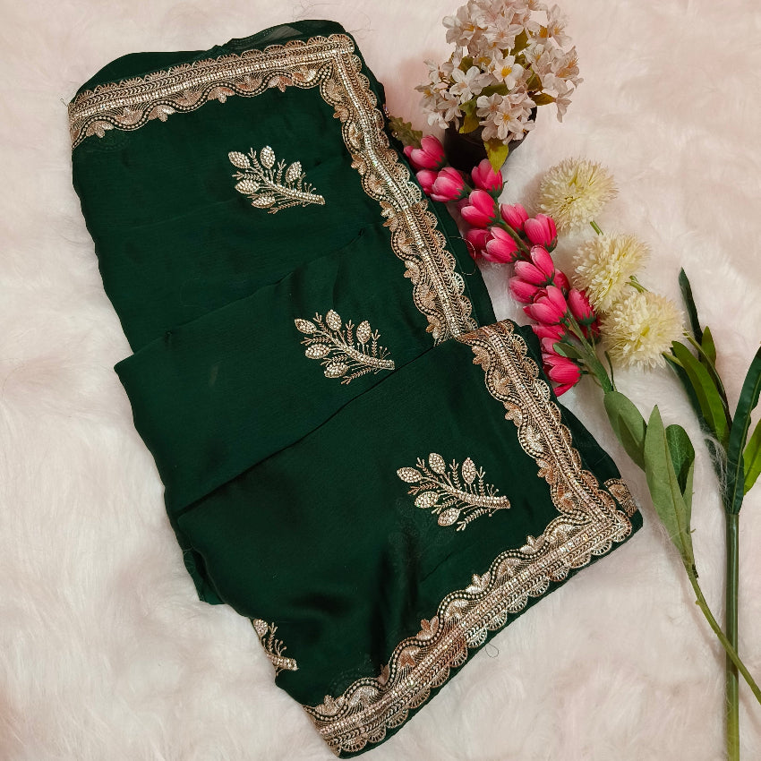 Dark Green Chiffon Embroidery Saree