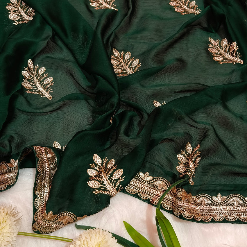 Dark Green Chiffon Embroidery Saree