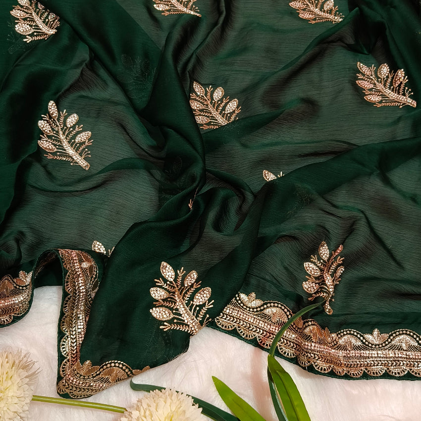 Dark Green Chiffon Embroidery Saree