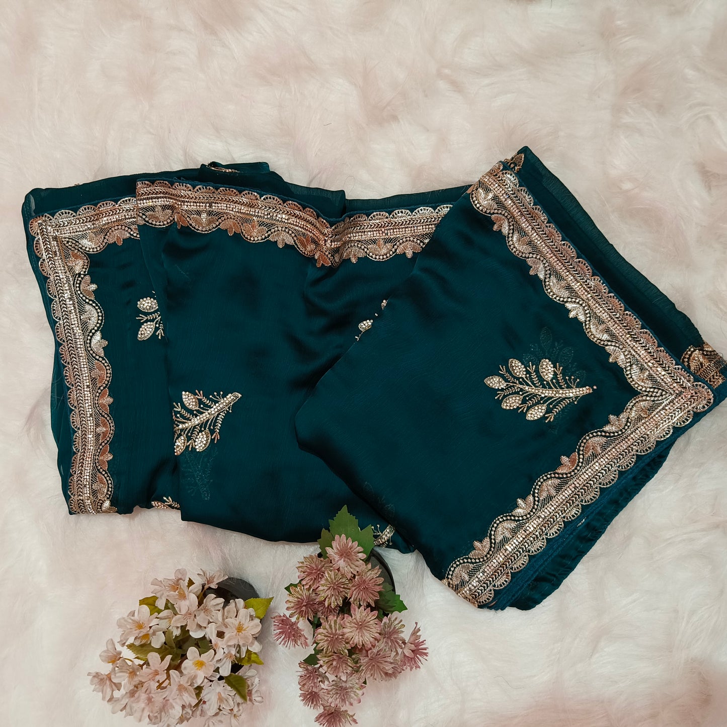 Teal Blue Chiffon Saree