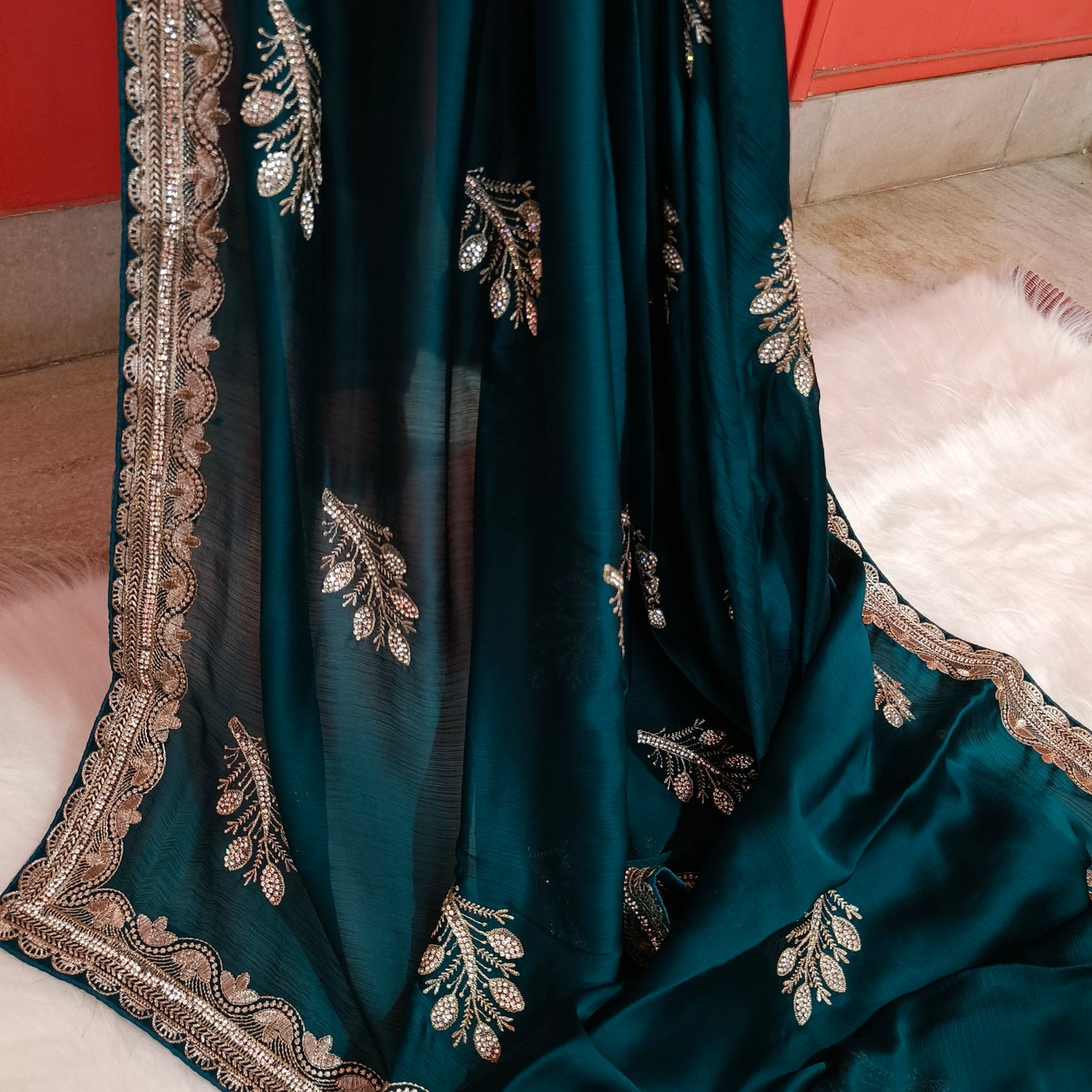 Teal Blue Chiffon Saree