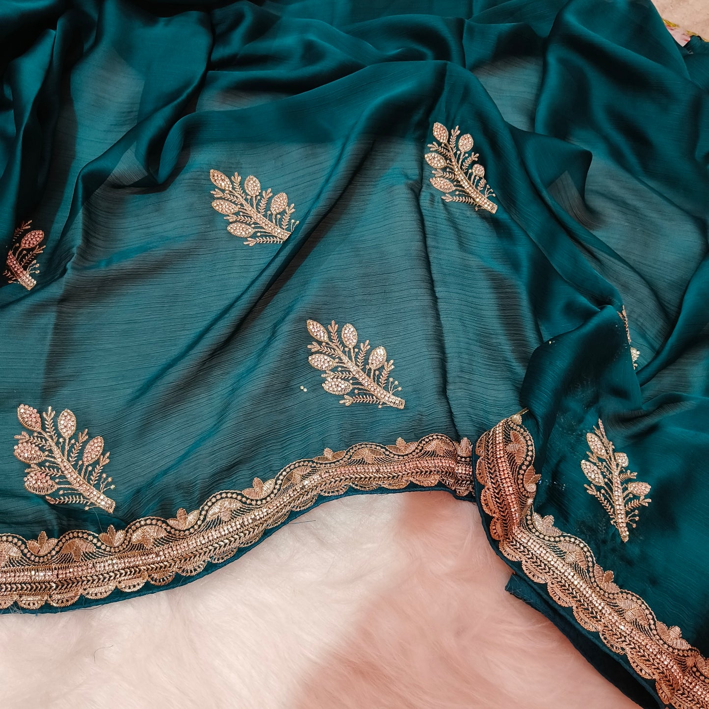 Teal Blue Chiffon Saree