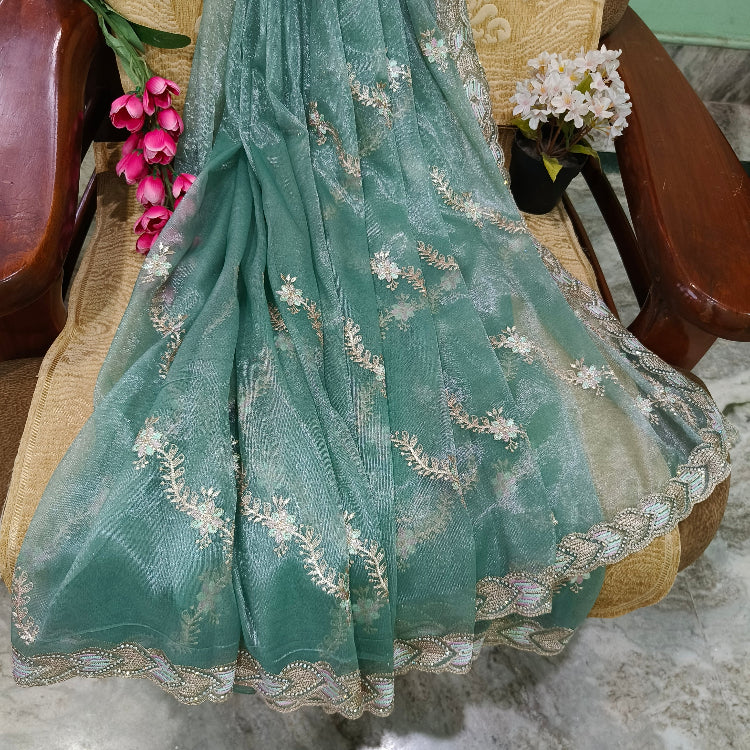 Sea Green Net Embroidered Saree
