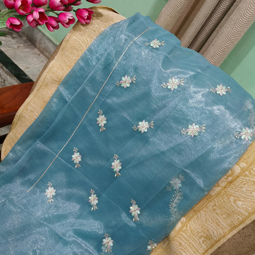 Blue Net Embroidered Saree