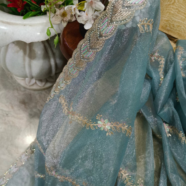Blue Net Embroidered Saree