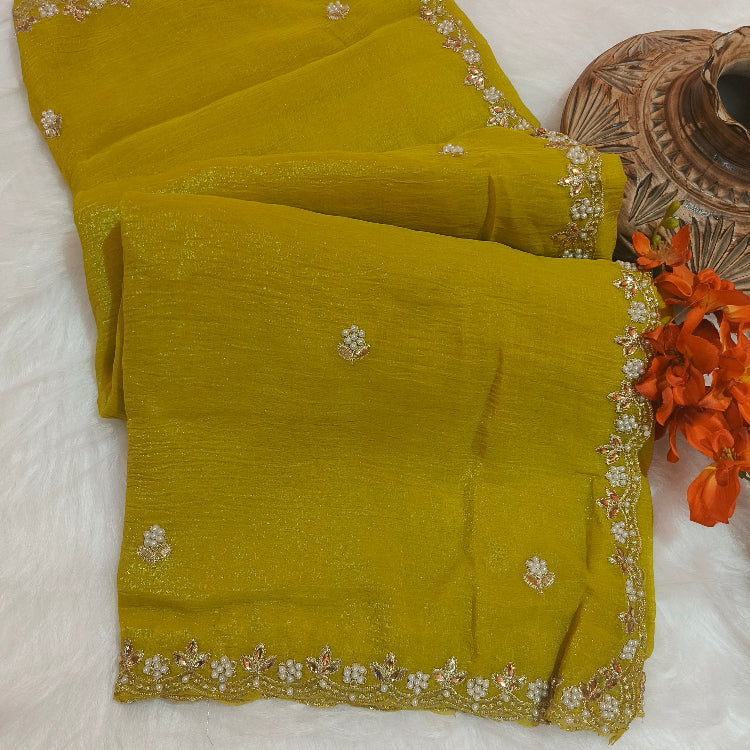Olive Green Shimmer Embroidery Saree