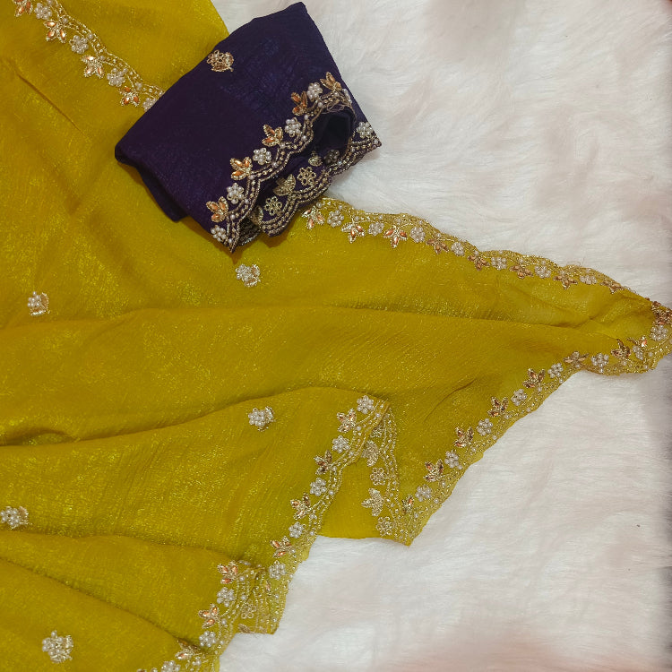 Olive Green Shimmer Embroidery Saree