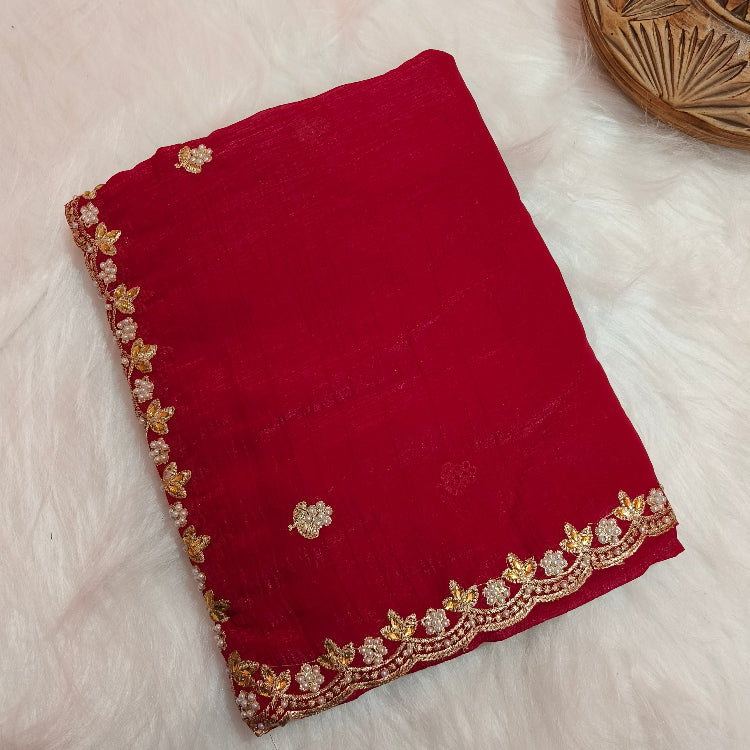 Red Shimmer Embroidery Saree