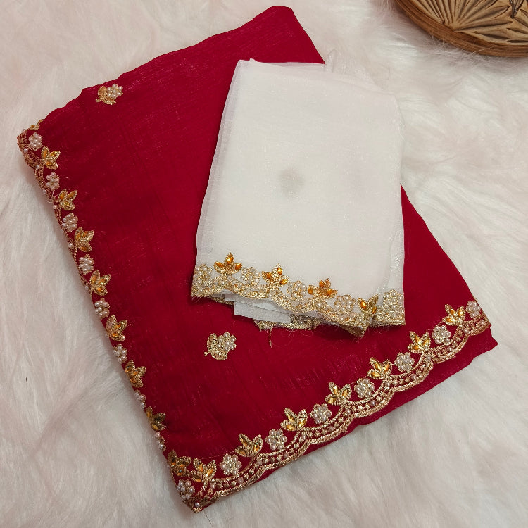Red Shimmer Embroidery Saree