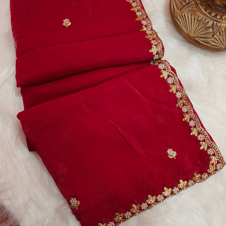 Red Shimmer Embroidery Saree