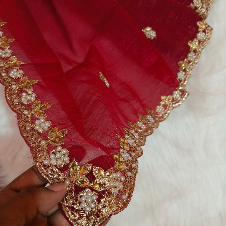 Red Shimmer Embroidery Saree
