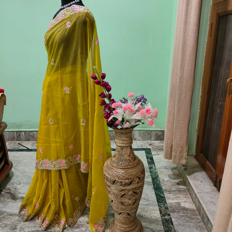 Organza Lemon Yellow Saree