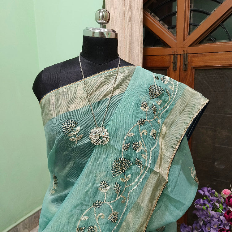 Sea Green Cotton Silk Saree