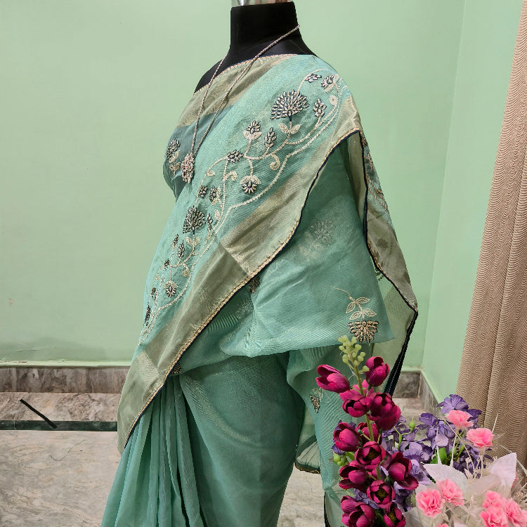 Sea Green Cotton Silk Saree